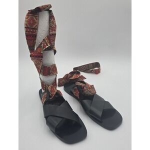 Zara Basic Collection Black Gladiator Sandals Kilim Fabric Lace Up Wrap Sz 10.5